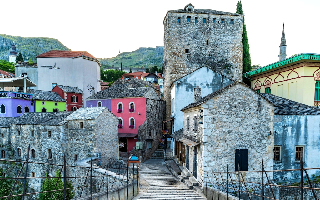 Stone buildings and colorful facades in Old Town Mostar, Bosnia and Herzegovina.