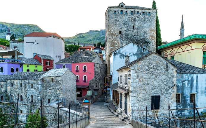 Stone buildings and colorful facades in Old Town Mostar, Bosnia and Herzegovina.
