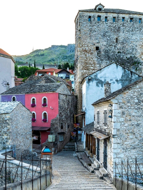 Stone buildings and colorful facades in Old Town Mostar, Bosnia and Herzegovina.