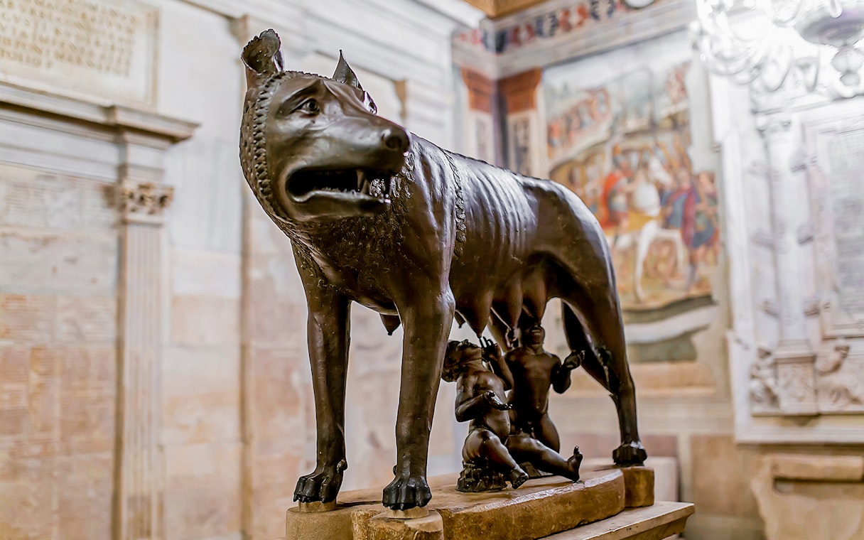 Capitoline She-Wolf statue with Romulus and Remus in Rome museum.