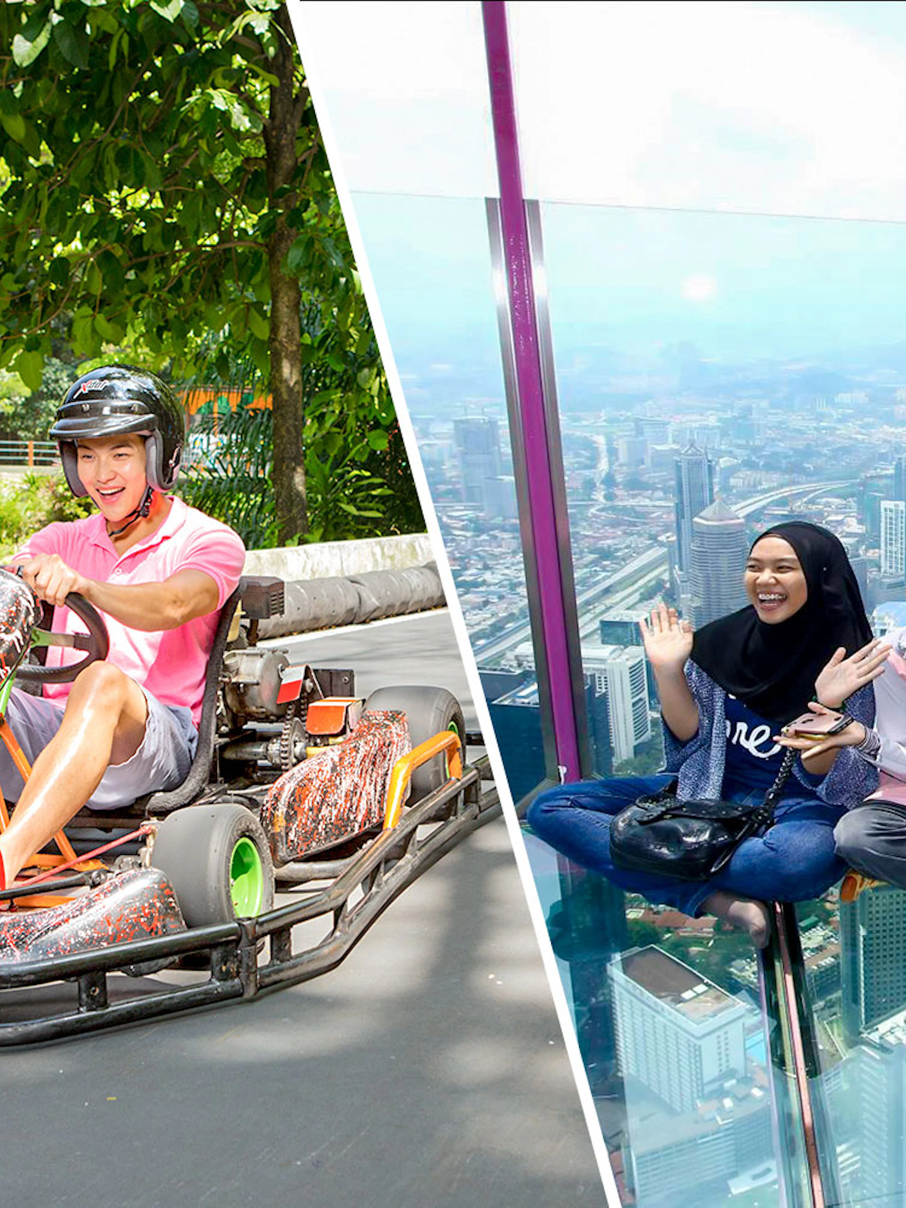 Go-karting at Sunway Lagoon and friends enjoying the view from KL Tower in Kuala Lumpur.