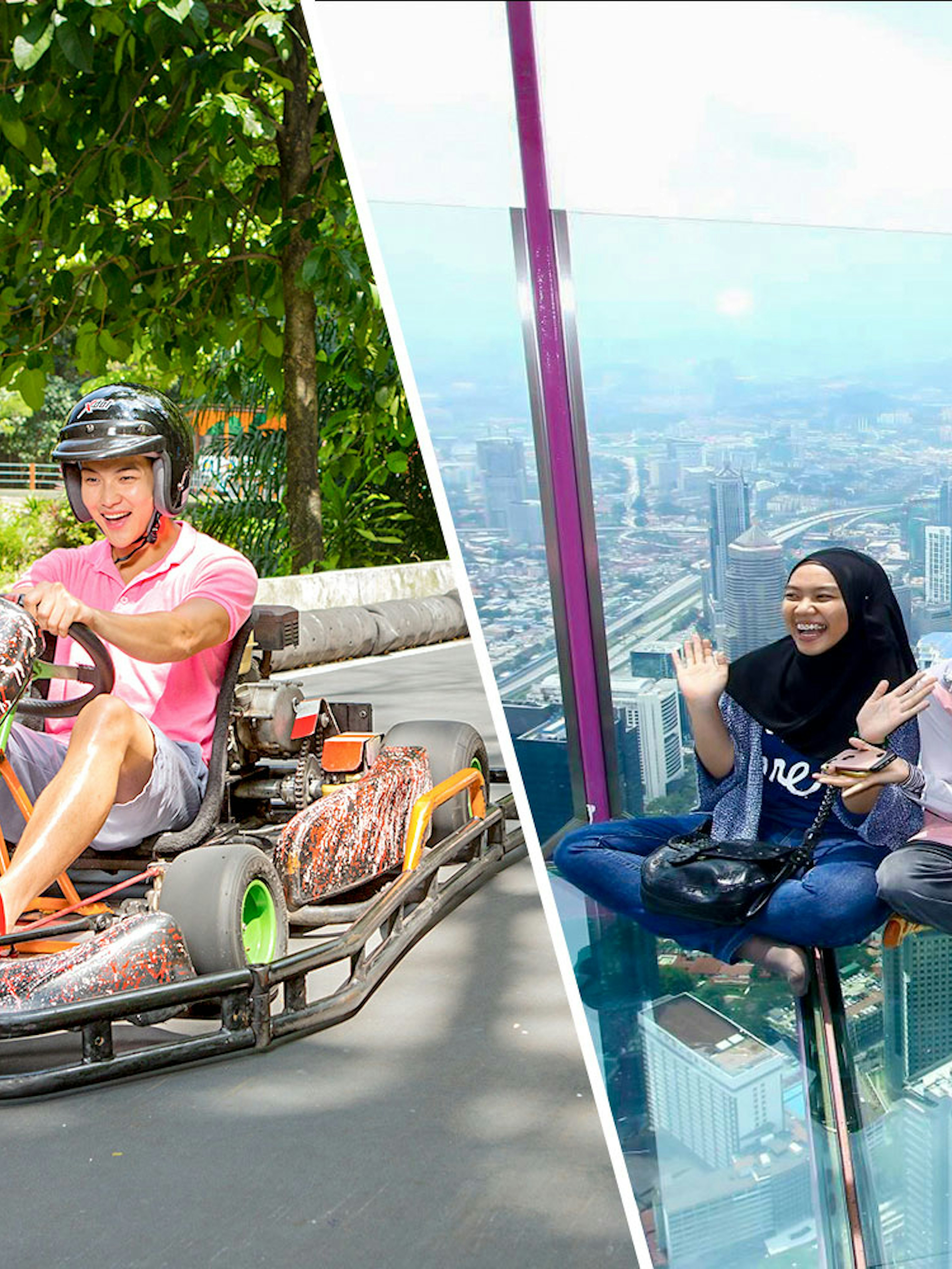 Go-karting at Sunway Lagoon and friends enjoying the view from KL Tower in Kuala Lumpur.