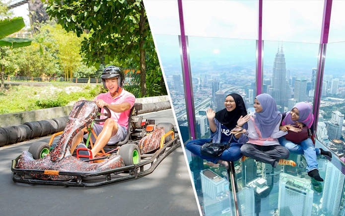 Go-karting at Sunway Lagoon and friends enjoying the view from KL Tower in Kuala Lumpur.