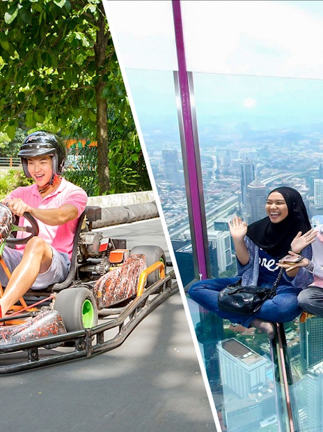 Go-karting at Sunway Lagoon and friends enjoying the view from KL Tower in Kuala Lumpur.
