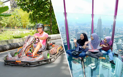 Go-karting at Sunway Lagoon and friends enjoying the view from KL Tower in Kuala Lumpur.