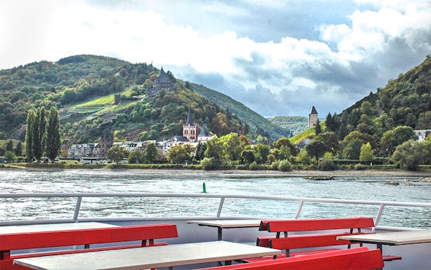 Rhine Valley view with hills and village from a boat during Frankfurt day trip.
