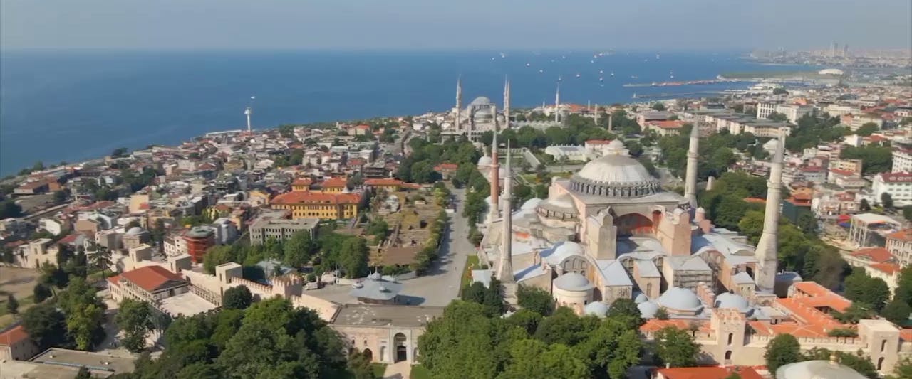 Aerial view of Venice City canals and historic architecture.