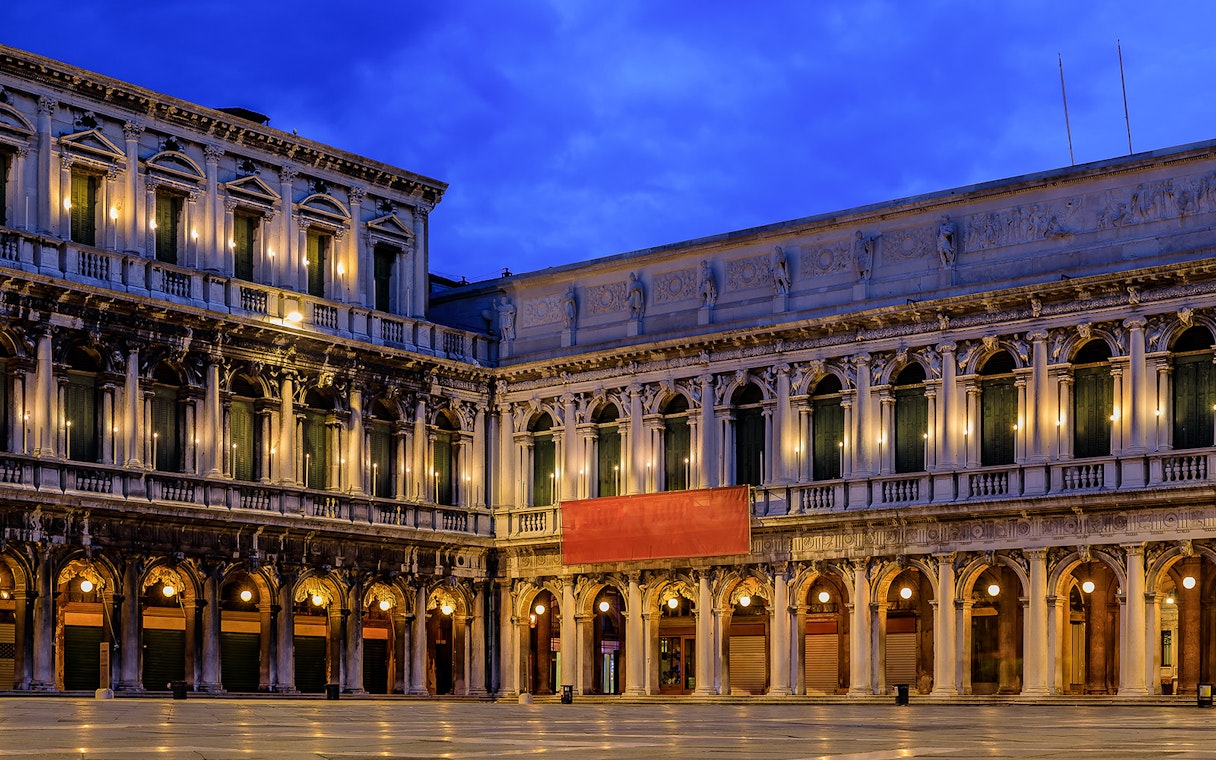 Marciana Library exterior illuminated at night, Venice 3 Museum Pass.