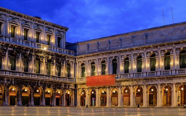 Marciana Library exterior illuminated at night, Venice 3 Museum Pass.