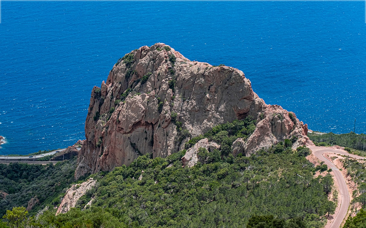 Massif de l'Esterel volcanic mountain range with Mediterranean Sea view, French Riviera.