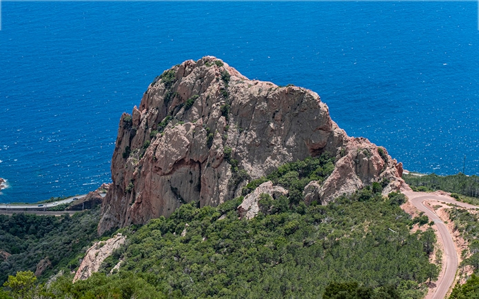 Massif de l'Esterel volcanic mountain range with Mediterranean Sea view, French Riviera.