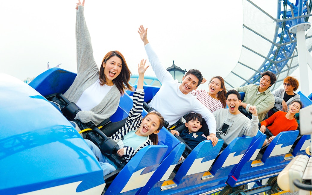 People enjoying a roller coaster ride at Arctic Blast, Ocean Park Hong Kong.
