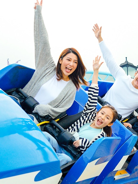 People enjoying a roller coaster ride at Arctic Blast, Ocean Park Hong Kong.