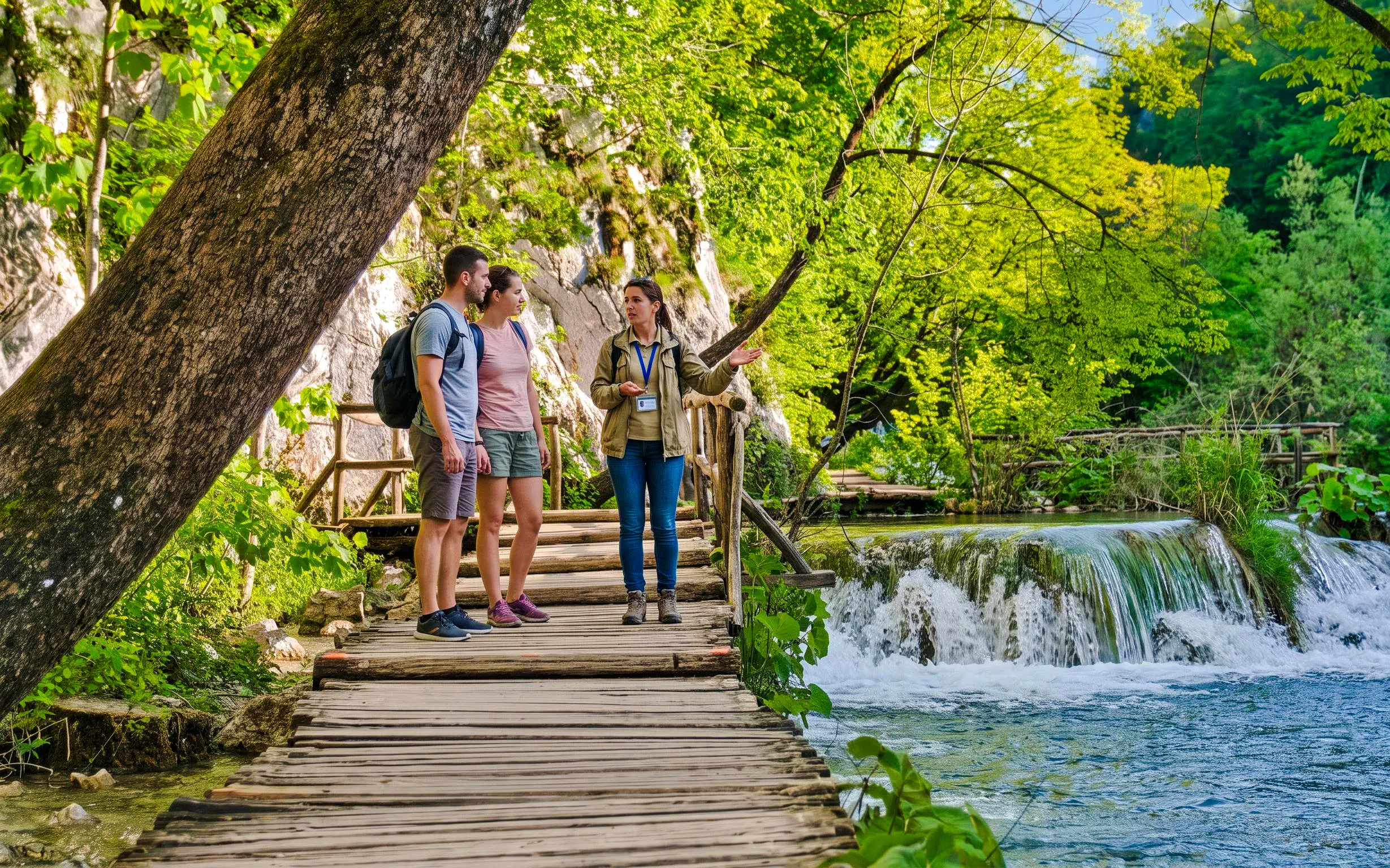 Tour guide explaining to tourists on a wooden path by waterfalls at Plitvice Lakes.