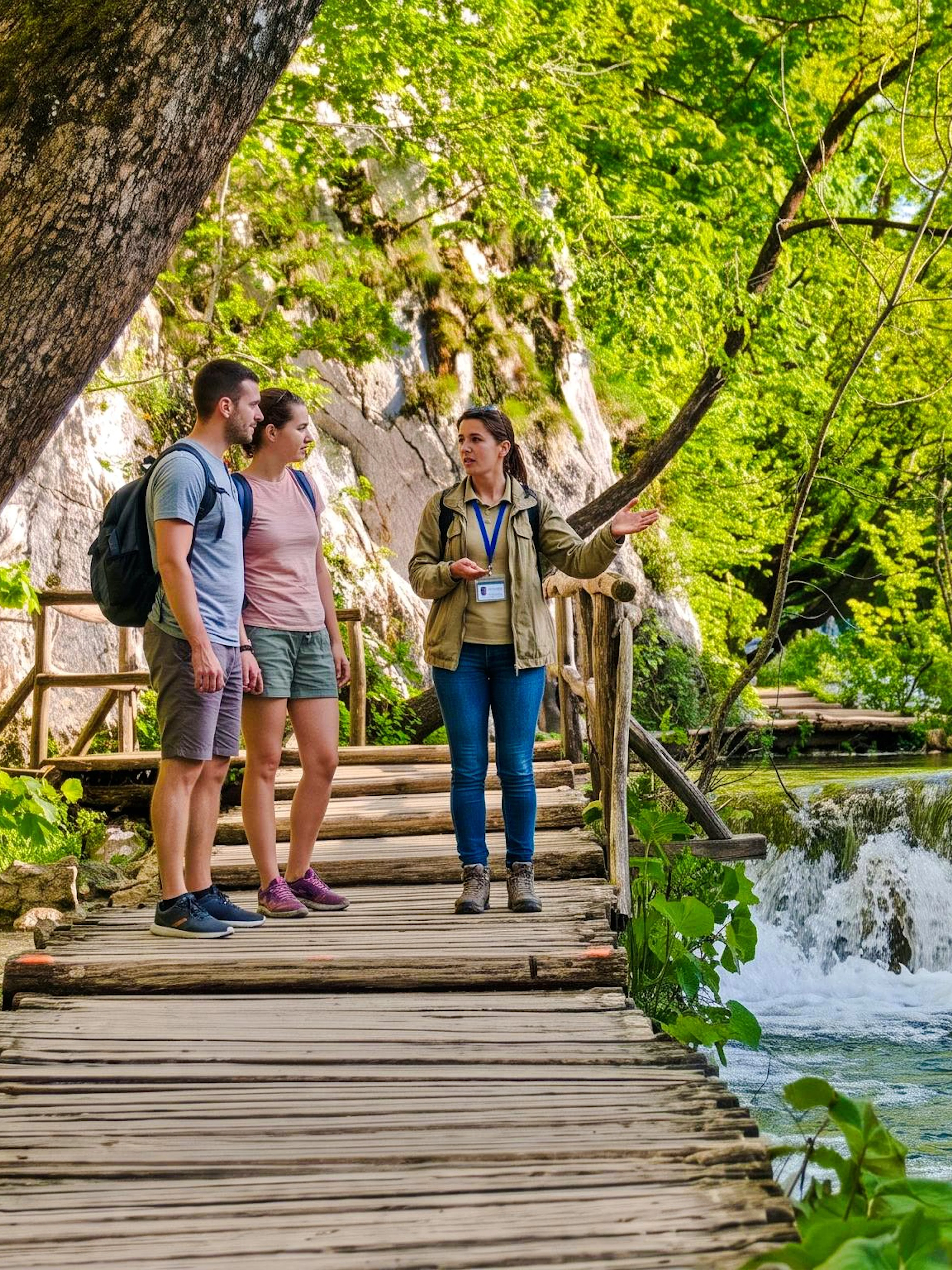 Tour guide explaining to tourists on a wooden path by waterfalls at Plitvice Lakes.