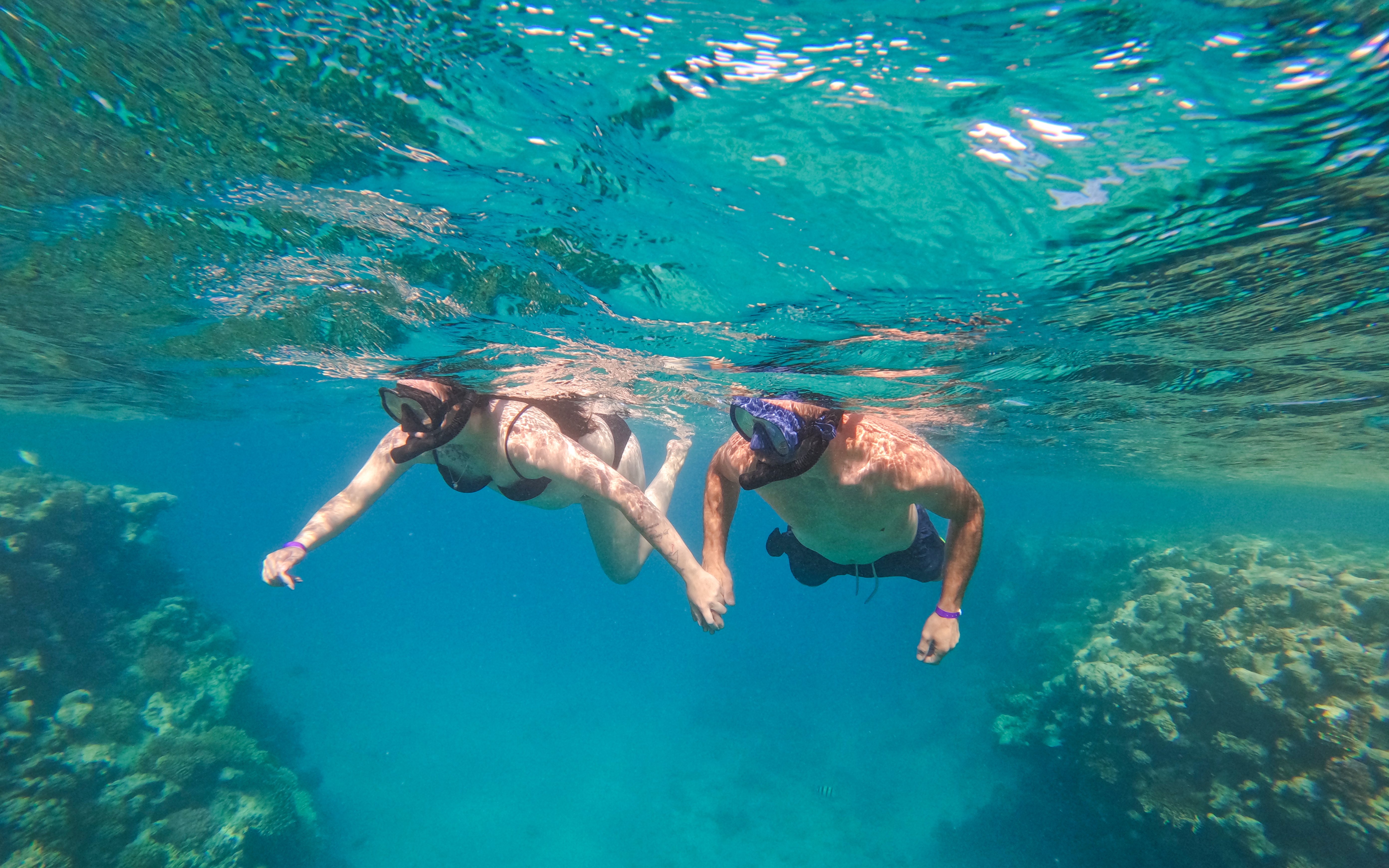 Couple snorkeling over coral reef in clear blue water.