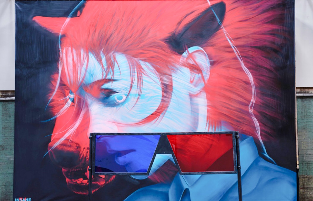 Red Riding Hood mural by Insane 51 with 3D glasses effect