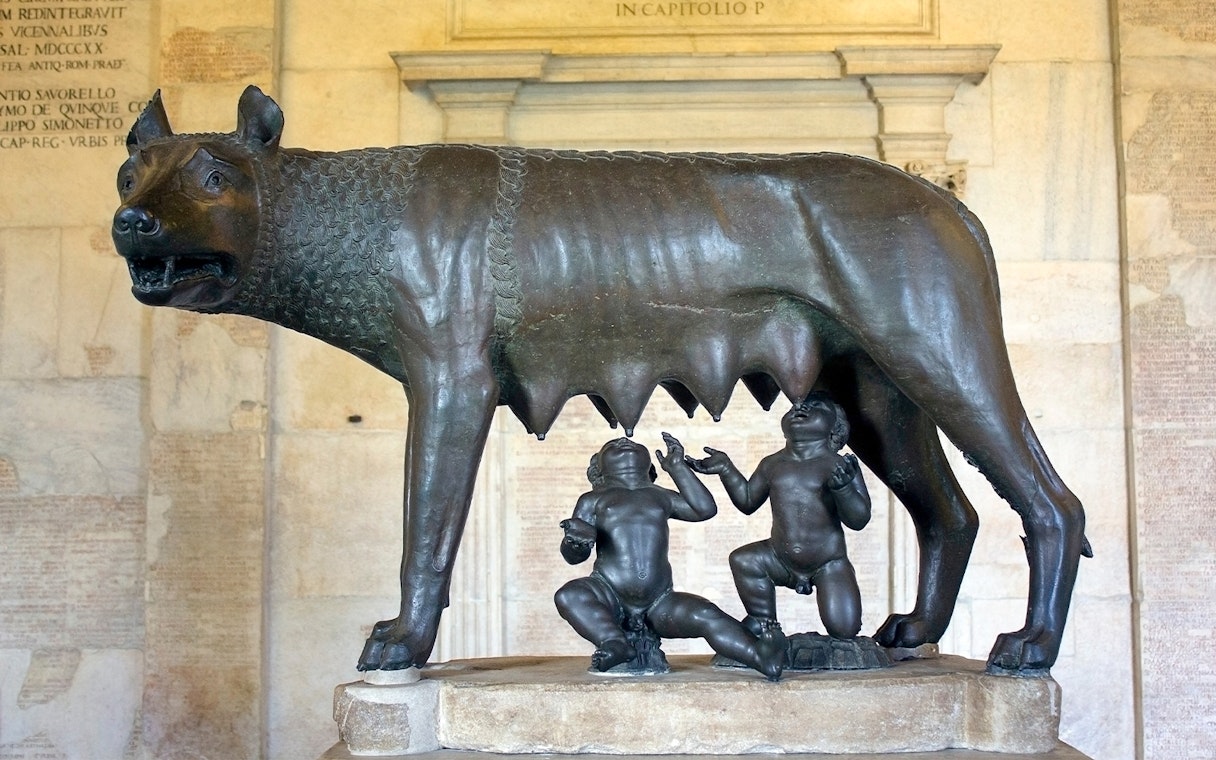 Capitoline Wolf statue with Romulus and Remus at Musei Capitolini, Rome.