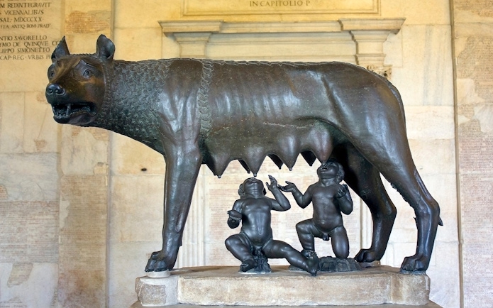 Capitoline Wolf statue with Romulus and Remus at Musei Capitolini, Rome.
