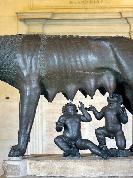 Capitoline Wolf statue with Romulus and Remus at Musei Capitolini, Rome.