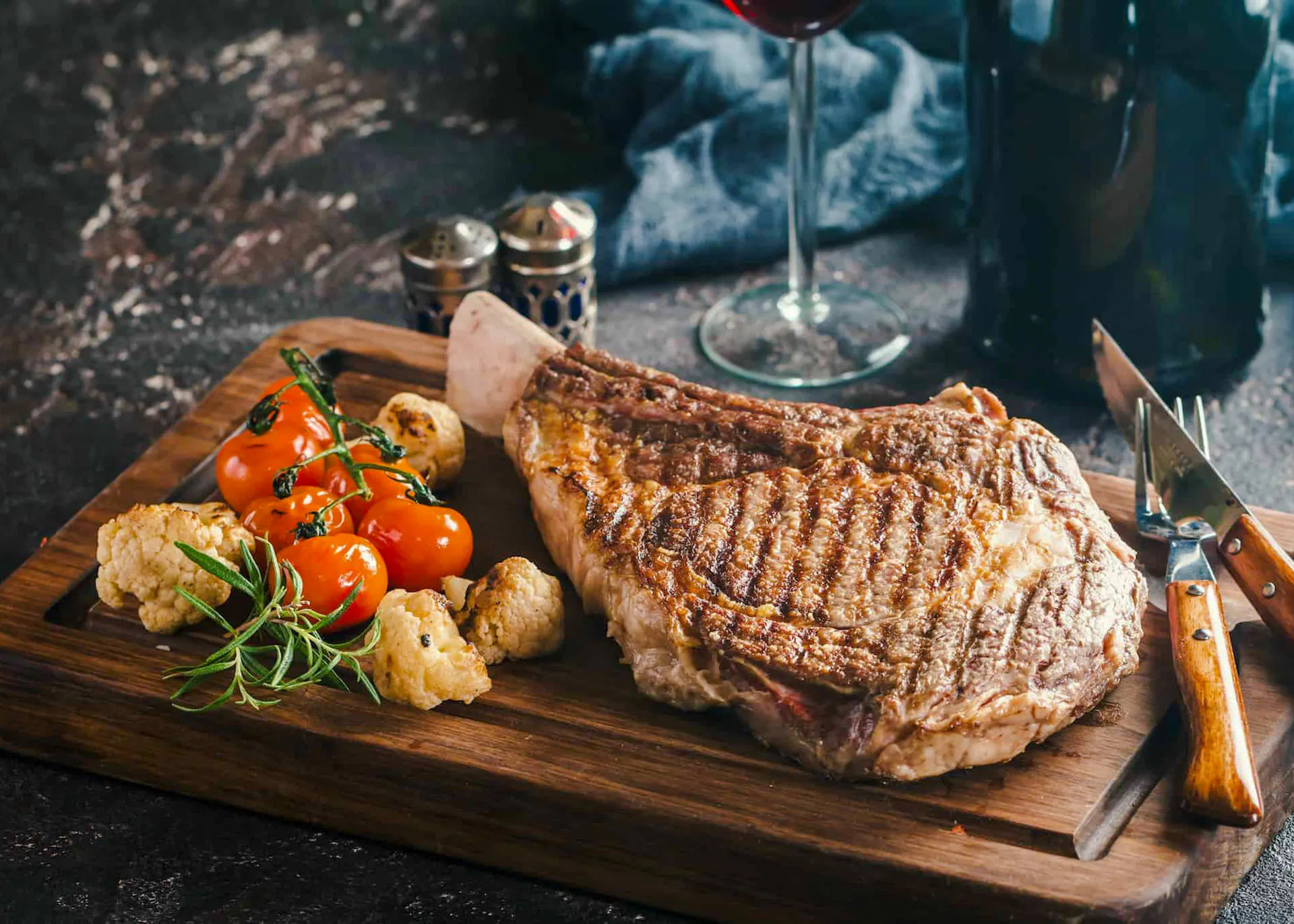Grilled steak with tomatoes and cauliflower at a Brazilian steakhouse in Rio de Janeiro.