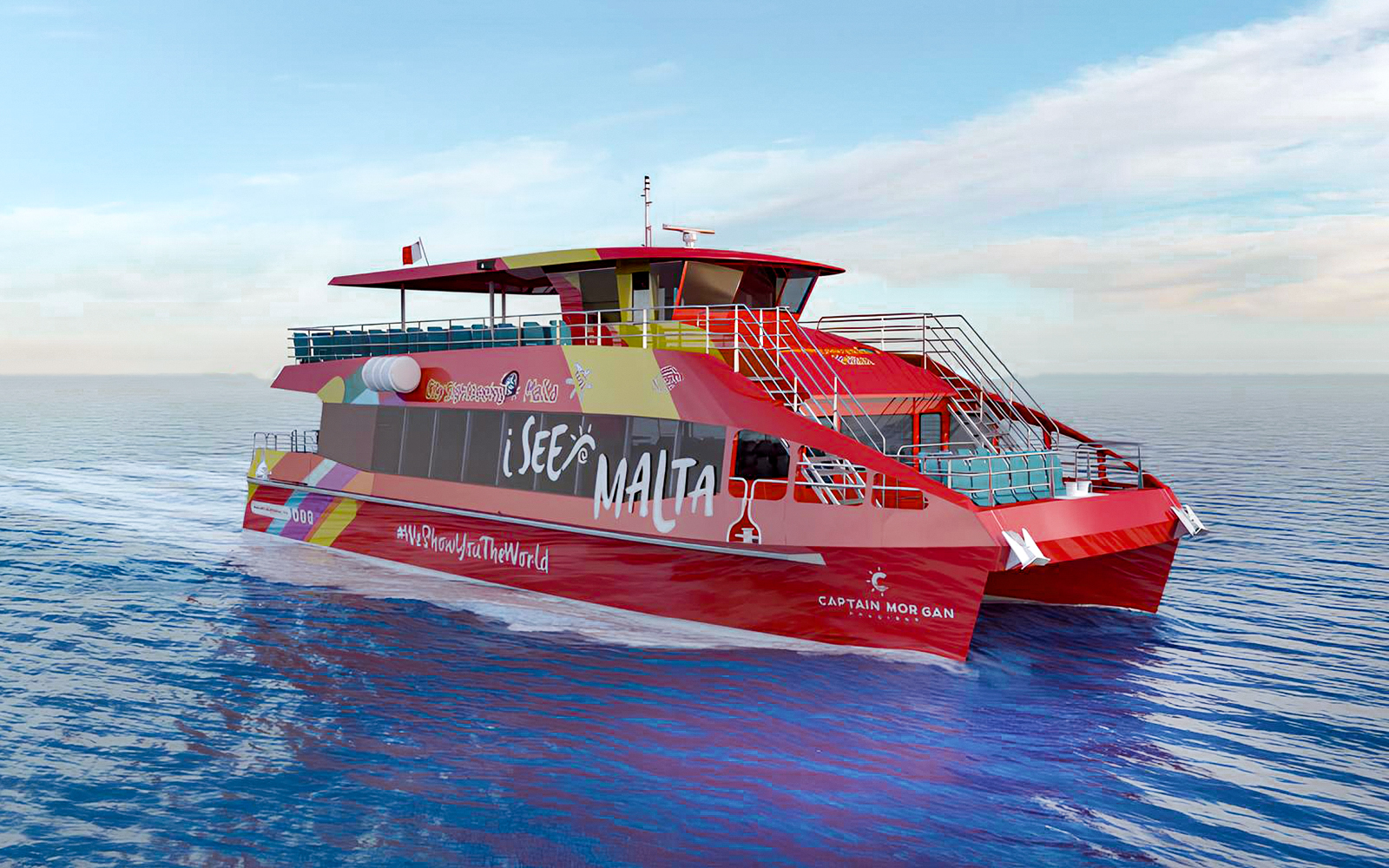 Red sightseeing boat on Malta's waters for hop-on hop-off tour.