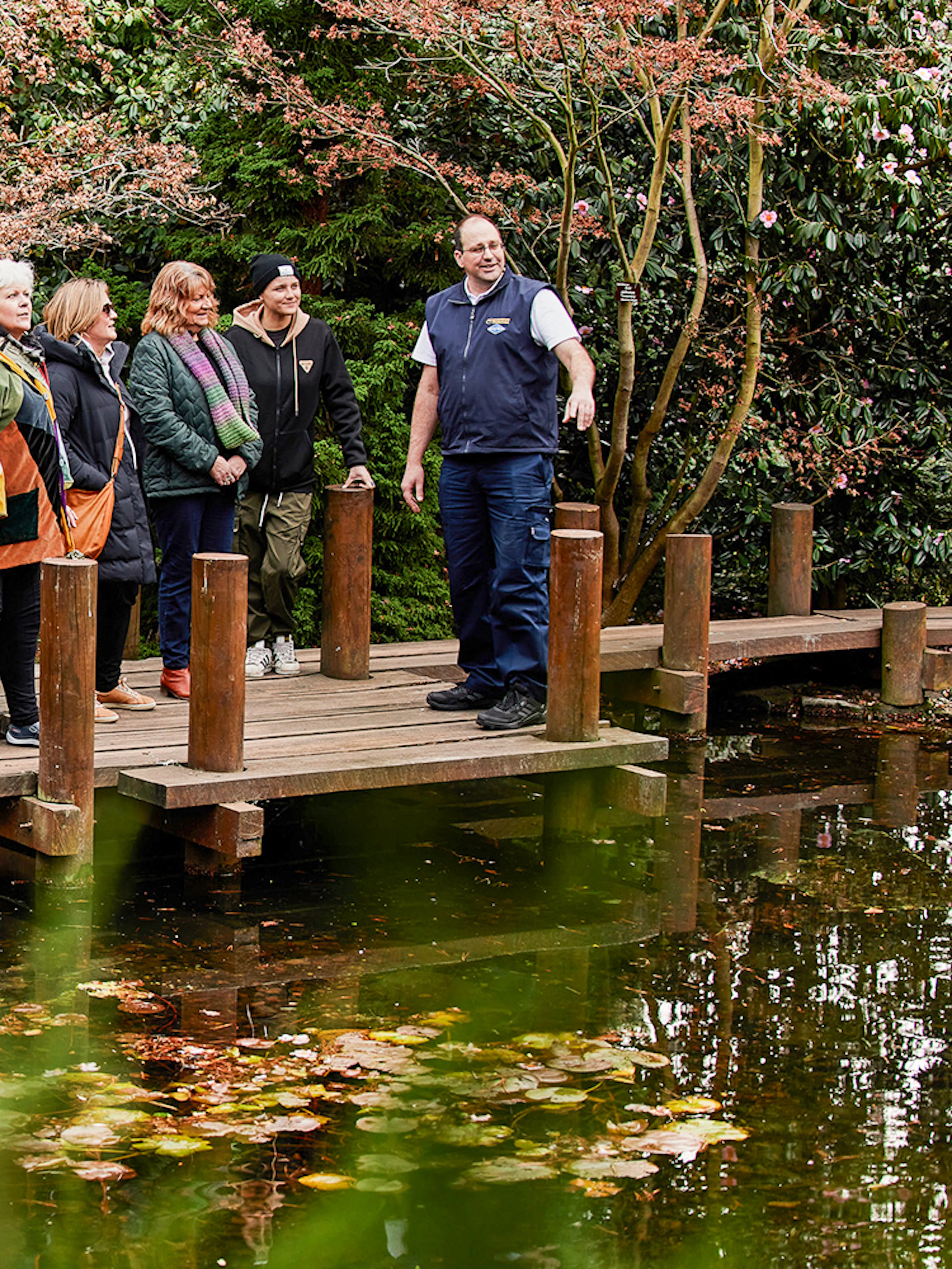 Group on a wooden bridge in a garden during Hobart city tour.