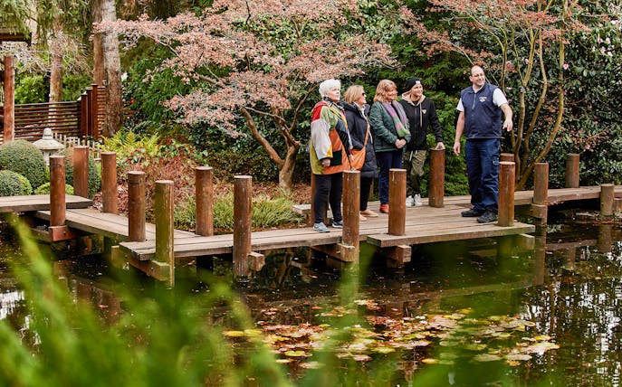 Group on a wooden bridge in a garden during Hobart city tour.