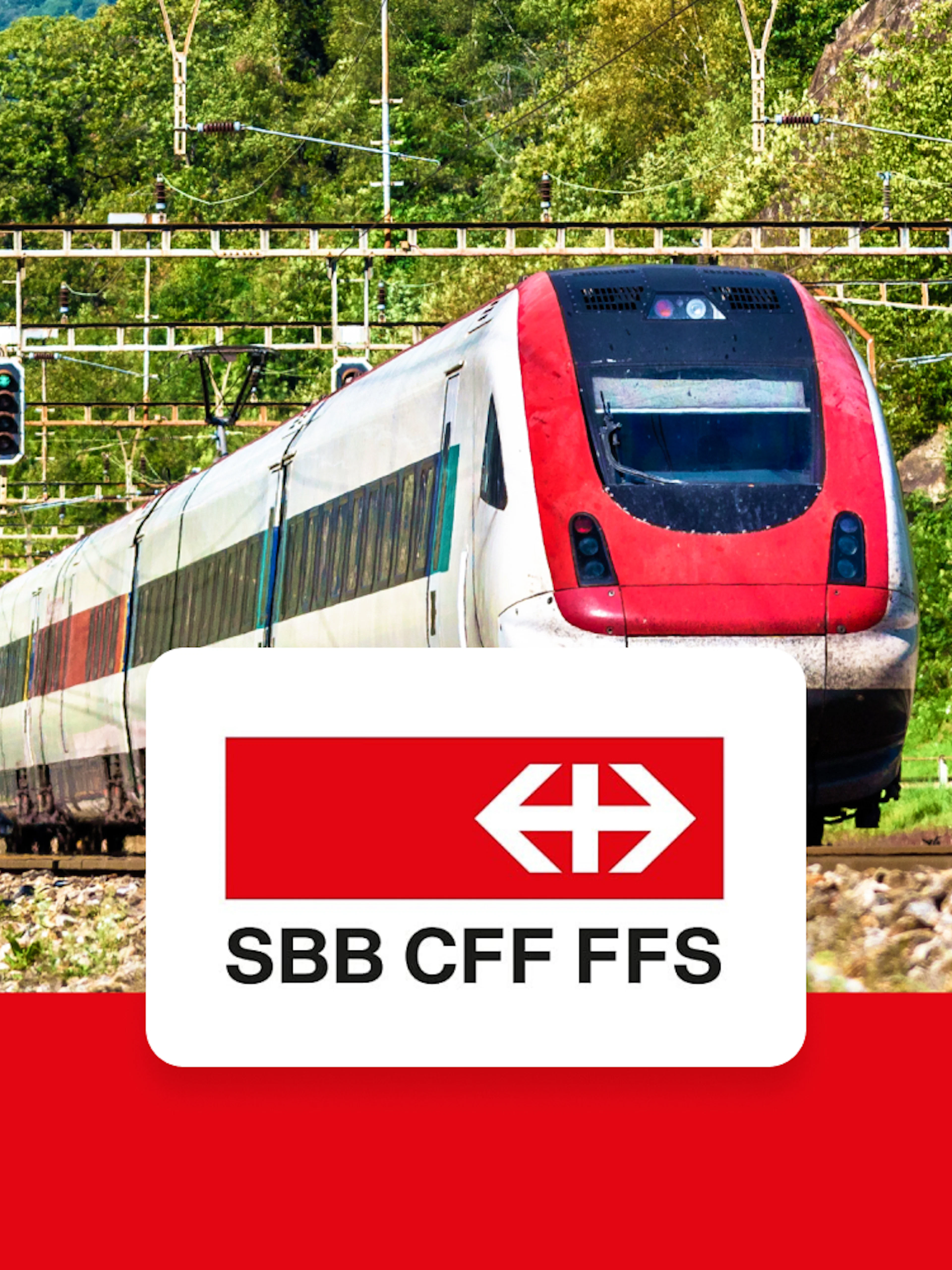 Train traveling through Swiss countryside, SBB CFF FFS logo, Zurich Airport to Zurich Central.