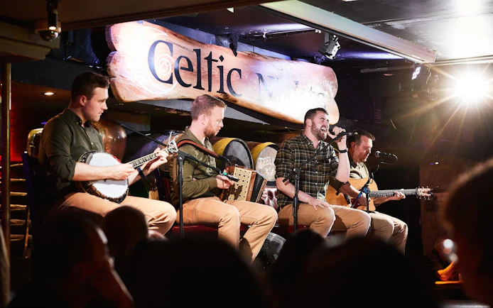 Musicians performing at Celtic Nights show in Dublin with traditional Irish instruments.