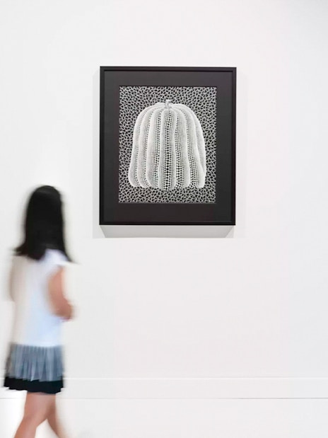 Yayoi Kusama's "Pumpkin White" artwork displayed at Moco Museum Barcelona.