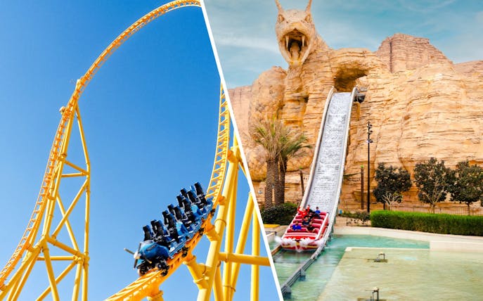 Water ride descending from a rocky structure at Aquarabia Qiddiya.