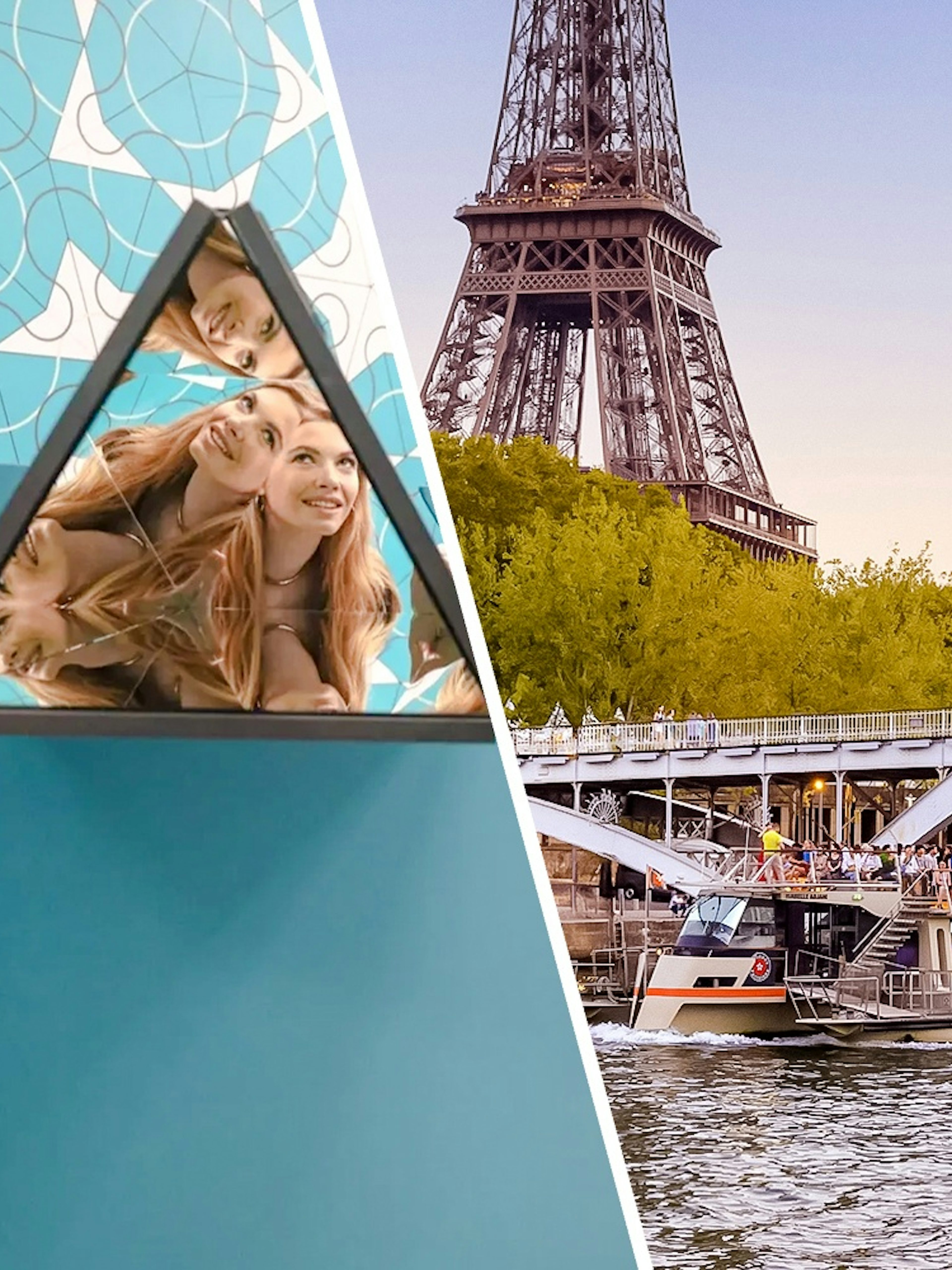 Kaleidoscope room reflection at Paradox Museum Paris with Eiffel Tower in background.