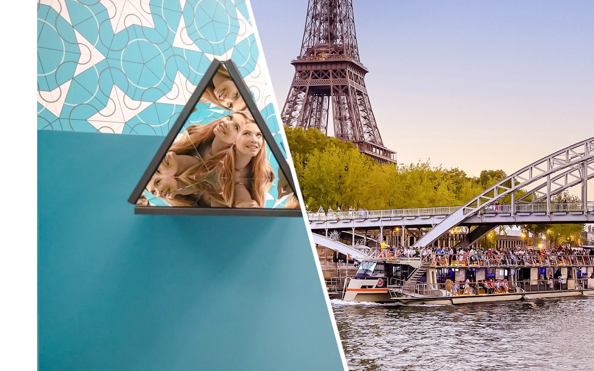 Kaleidoscope room reflection at Paradox Museum Paris with Eiffel Tower in background.