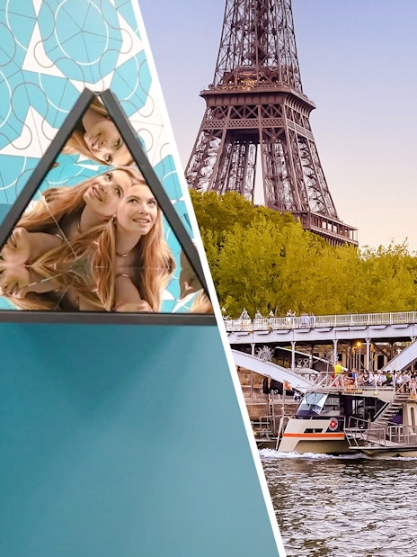 Kaleidoscope room reflection at Paradox Museum Paris with Eiffel Tower in background.