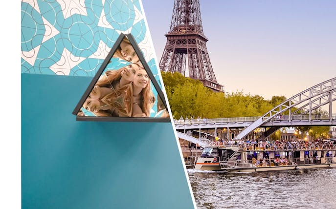 Kaleidoscope room reflection at Paradox Museum Paris with Eiffel Tower in background.