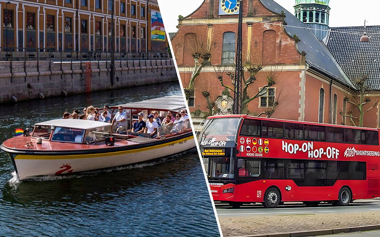 Copenhagen canal cruise boat passing colorful Nyhavn waterfront buildings.