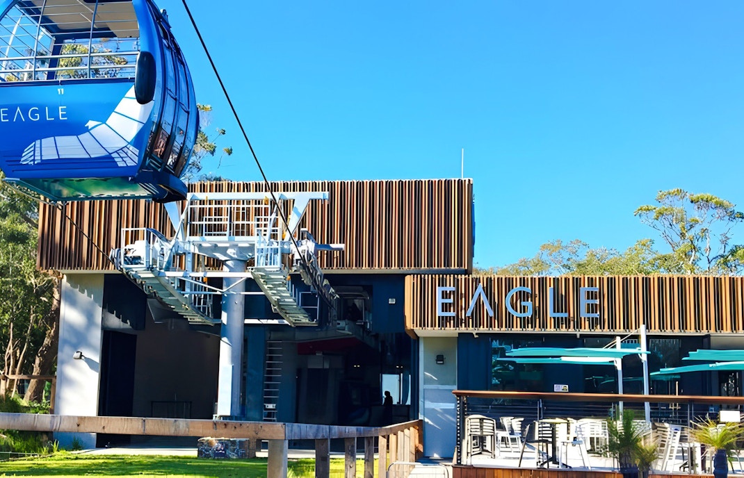 Arthurs Seat Eagle cable car station with blue gondola in Victoria, Australia.