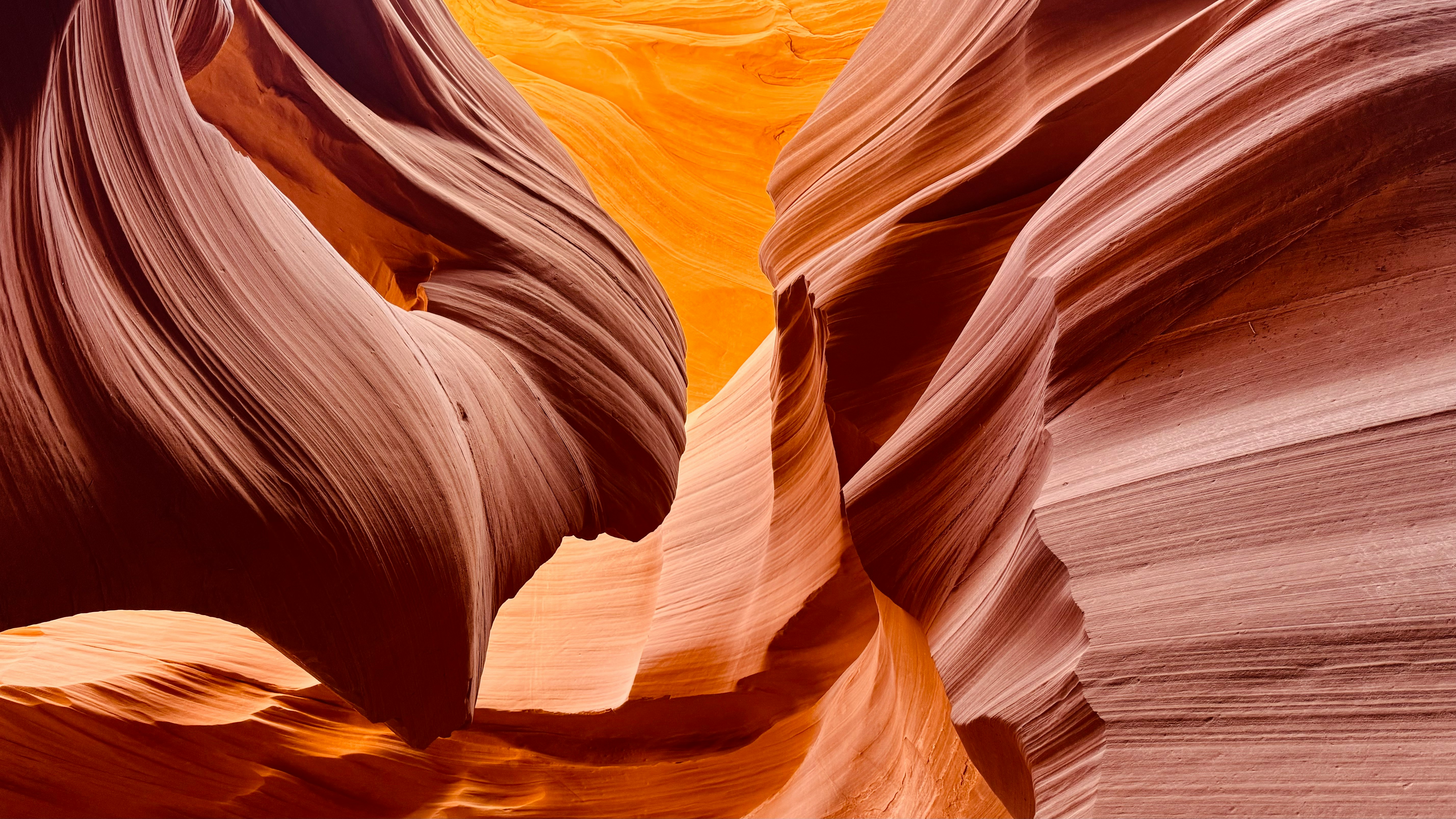 Antelope Canyon's swirling sandstone formations with sunlight filtering through.