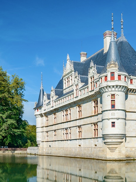 Château d'Azay-le-Rideau reflecting in a calm moat, surrounded by lush trees.