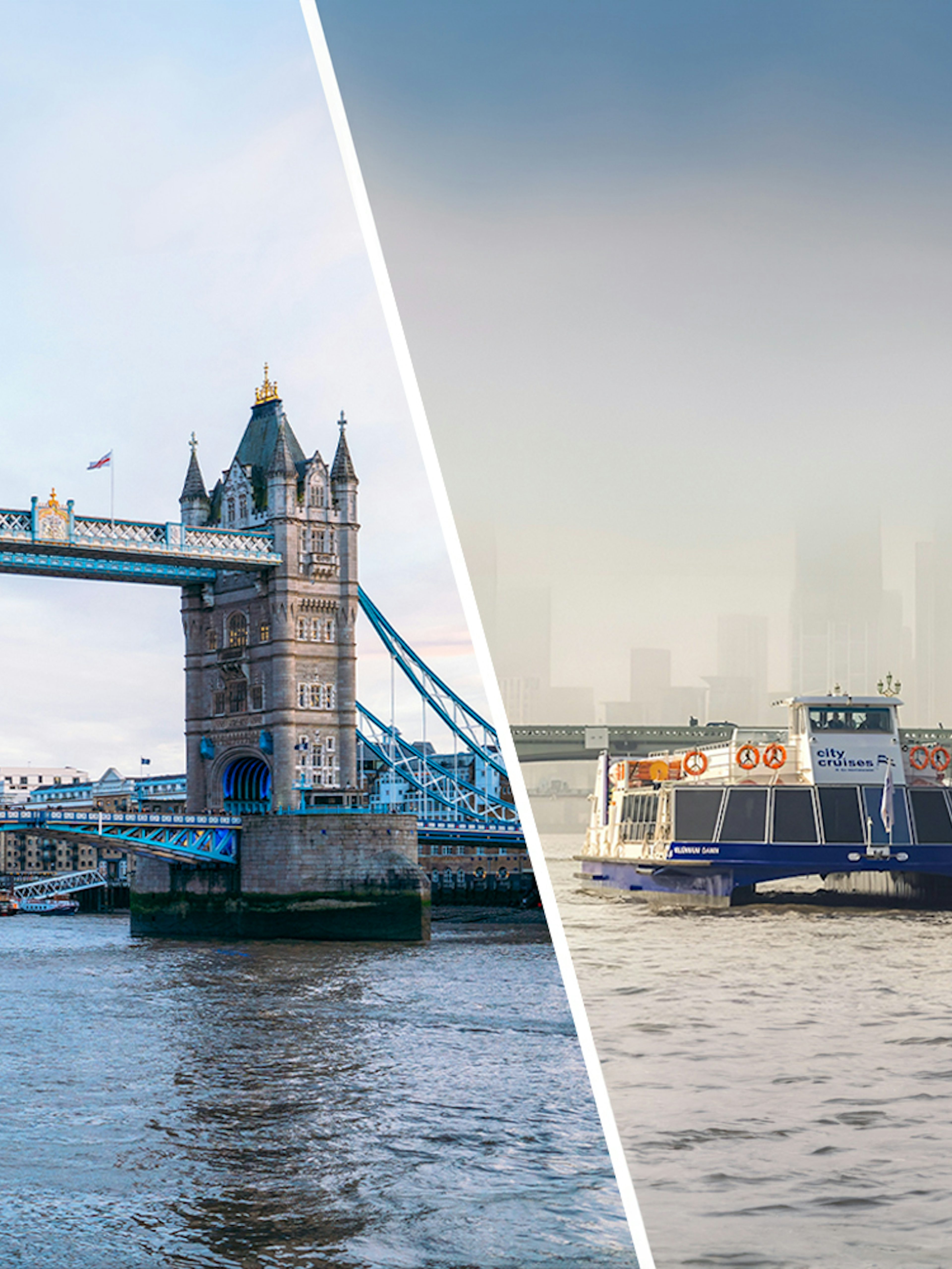 Tower Bridge and sightseeing cruise on River Thames, London.