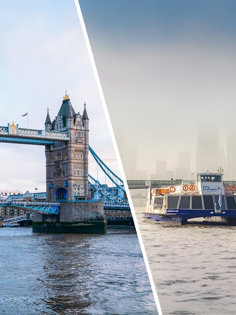Tower Bridge and sightseeing cruise on River Thames, London.