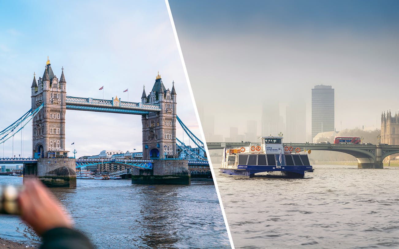 Tower Bridge and sightseeing cruise on River Thames, London.