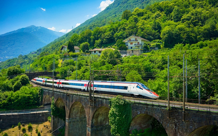 Train crossing a viaduct surrounded by lush greenery near Geneva, Switzerland.