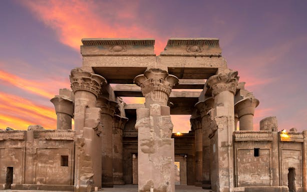 Kom Ombo Temple at sunset during Nile cruise from Aswan to Luxor.