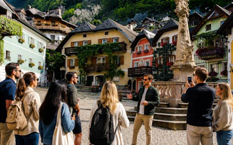 Group of tourists listening to a guide in Hallstatt's historic square, Salzburg tour.