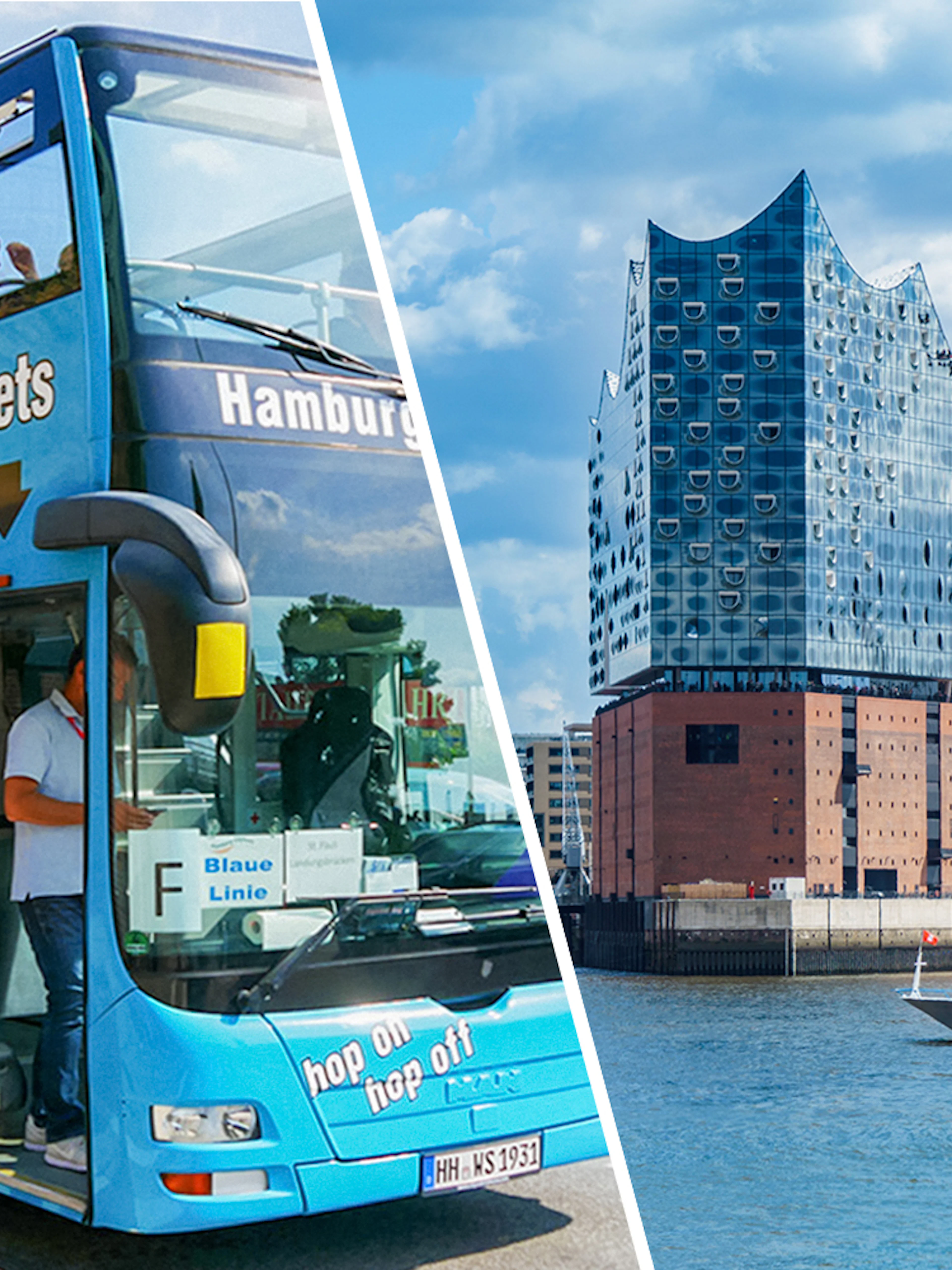 Hamburg hop-on hop-off bus and Elbphilharmonie building by the river.