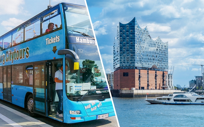 Hamburg hop-on hop-off bus and Elbphilharmonie building by the river.