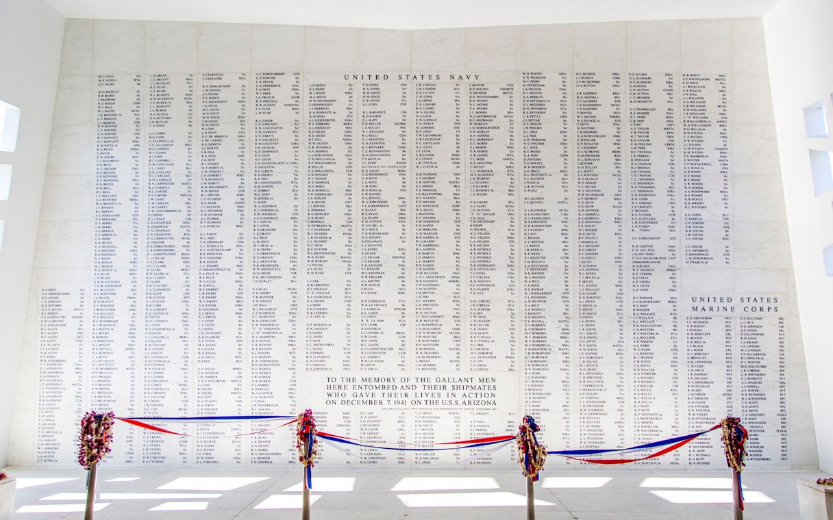 USS Arizona Memorial Wall with engraved names of fallen soldiers, Pearl Harbor, Honolulu, Hawaii.