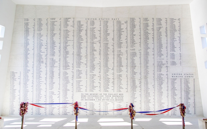USS Arizona Memorial Wall with engraved names of fallen soldiers, Pearl Harbor, Honolulu, Hawaii.